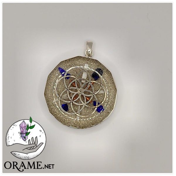 orgonite pendentif graine de vie symbole pierre selenite lapis lazuli pierre decagone energie vue02