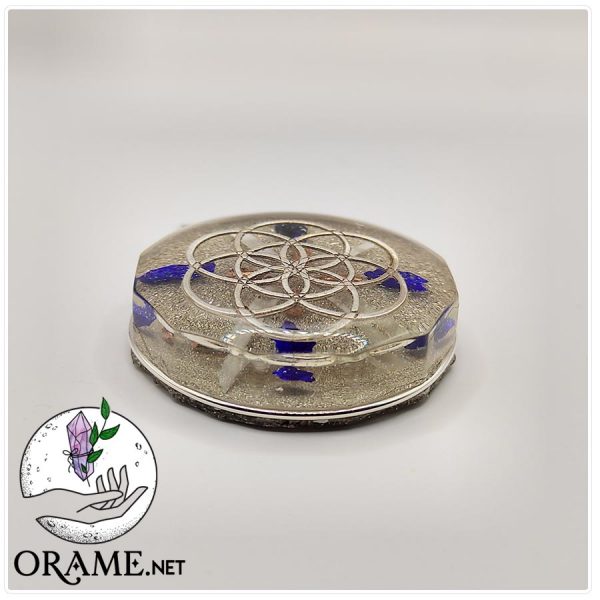 orgonite pendentif graine de vie symbole pierre selenite lapis lazuli pierre decagone energie vue04