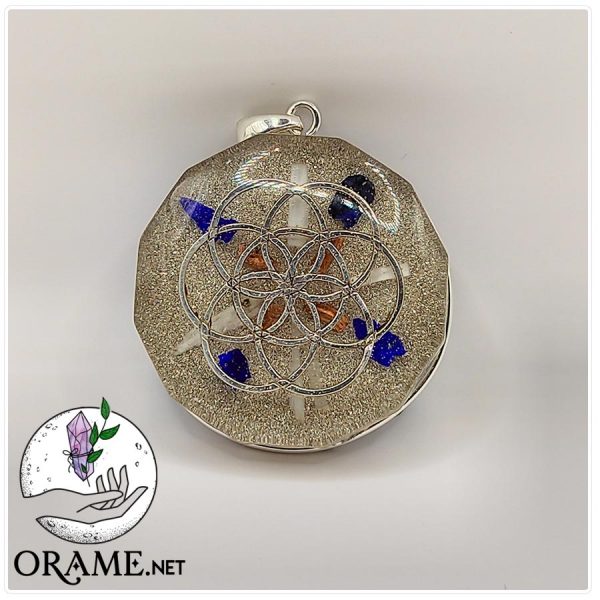 orgonite pendentif graine de vie symbole pierre selenite lapis lazuli pierre decagone energie vue05