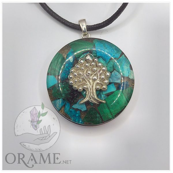 orgonite artisanale precieuse malachite pierre chrysocolle vertus arbre argent pendentif energetique 01