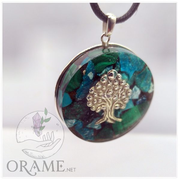 orgonite artisanale precieuse malachite pierre chrysocolle vertus arbre argent pendentif energetique 03