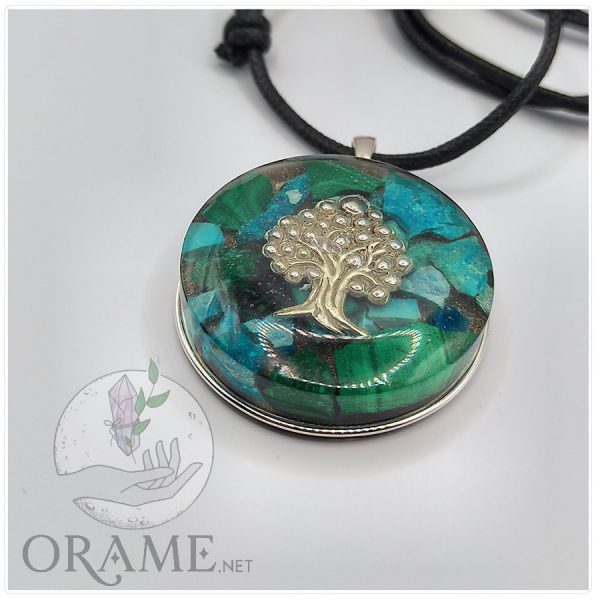 orgonite artisanale precieuse malachite pierre chrysocolle vertus arbre argent pendentif energetique 04