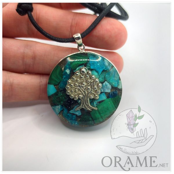 orgonite artisanale precieuse malachite pierre chrysocolle vertus arbre argent pendentif energetique 05